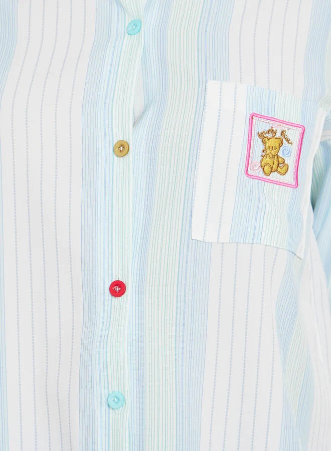 Take Two Striped Embroidered Pocket Detail Oversized Shirt