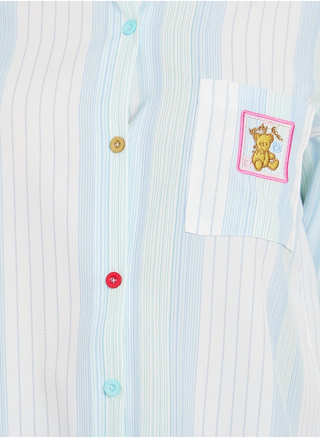 Take Two Striped Embroidered Pocket Detail Oversized Shirt  - Image 3