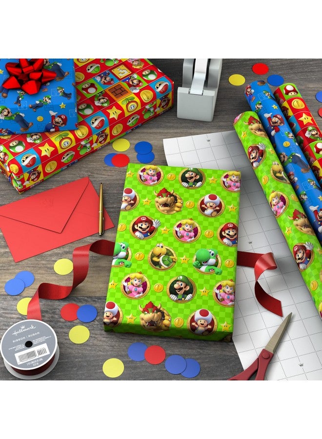 هولمارك لفائف ورق تغليف نينتندو سوبر ماريو من هولمارك للأطفال مع خطوط قطع على الوجه الآخر (3 لفات: 60 قدمًا مربعًا إجمالاً) ماريو، لويجي، يوشي، باوزر، الأميرة بيتش، تود - Image 1