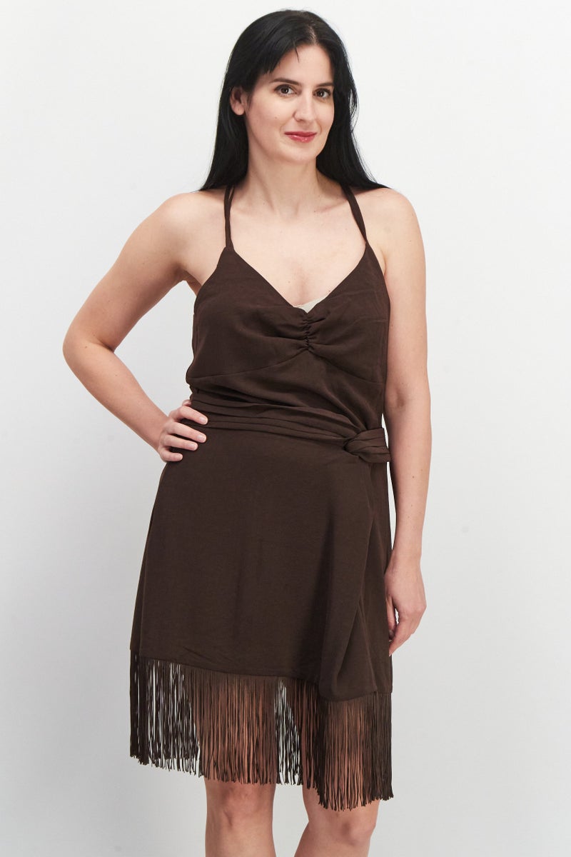 Reserved Women Textured Midi Casual Dress, Brown - Image 1
