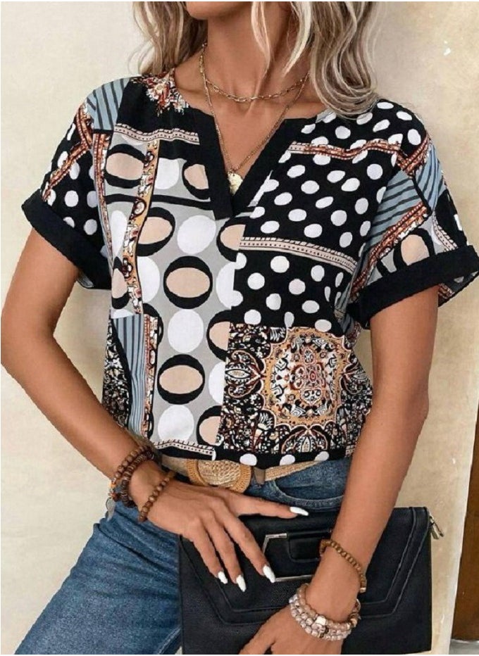 SoBe V Neck Short Sleeve Patterned Moskrep Fabric Blouse .Made in Turkiye  - Image 1