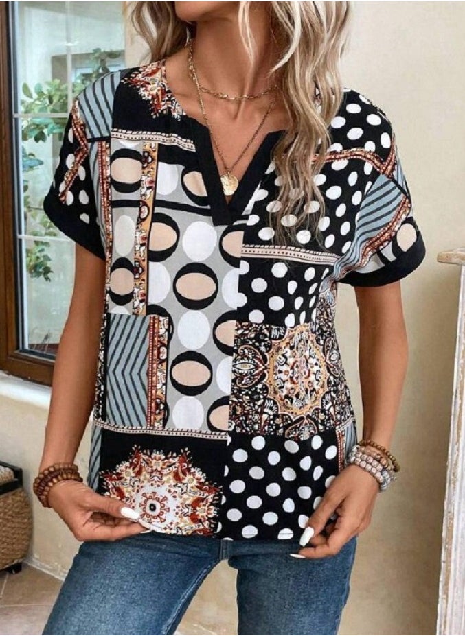 SoBe V Neck Short Sleeve Patterned Moskrep Fabric Blouse .Made in Turkiye  - Image 3