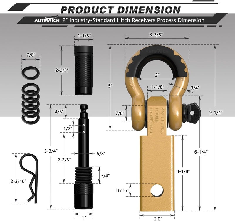 AUTMATCH Shackle Hitch Receiver 2 Inch - 3/4" D Ring Shackle and 5/8" Trailer Hitch Lock Pin, 45,000 Lbs Break Strength Heavy Duty Receiver Towing Kit for Off-Road Vehicle Recovery, Gold - Image 3