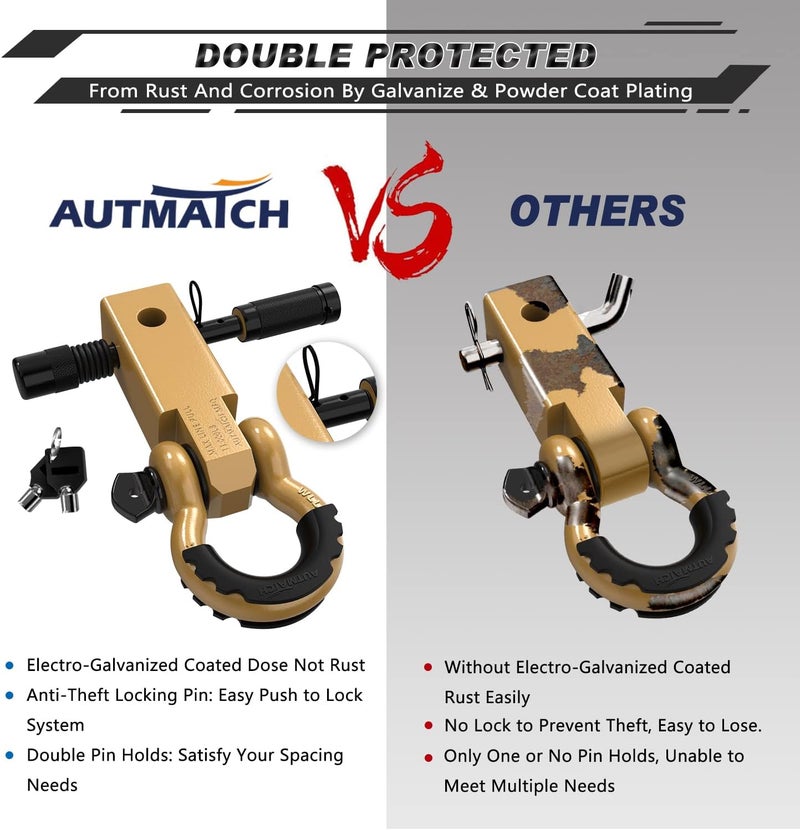 AUTMATCH Shackle Hitch Receiver 2 Inch - 3/4" D Ring Shackle and 5/8" Trailer Hitch Lock Pin, 45,000 Lbs Break Strength Heavy Duty Receiver Towing Kit for Off-Road Vehicle Recovery, Gold - Image 5