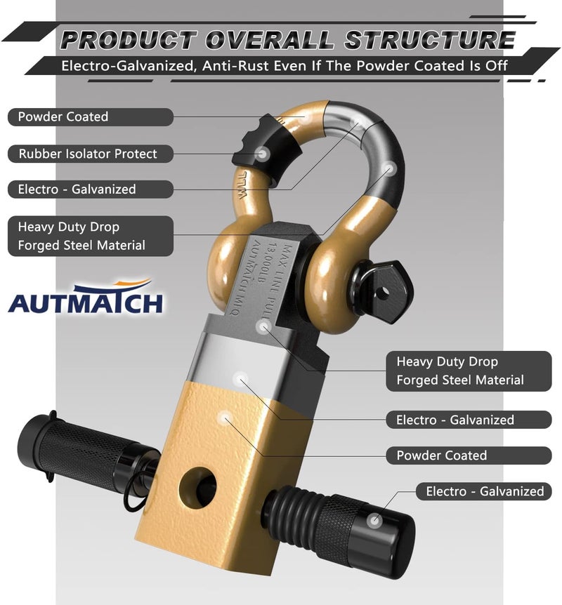 AUTMATCH Shackle Hitch Receiver 2 Inch - 3/4" D Ring Shackle and 5/8" Trailer Hitch Lock Pin, 45,000 Lbs Break Strength Heavy Duty Receiver Towing Kit for Off-Road Vehicle Recovery, Gold - Image 4