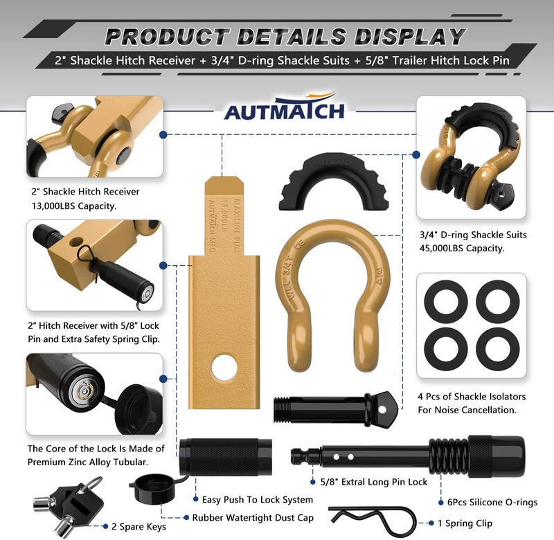 AUTMATCH Shackle Hitch Receiver 2 Inch - 3/4" D Ring Shackle and 5/8" Trailer Hitch Lock Pin, 45,000 Lbs Break Strength Heavy Duty Receiver Towing Kit for Off-Road Vehicle Recovery, Gold - Image 2