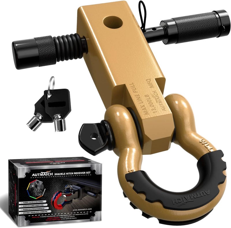 AUTMATCH Shackle Hitch Receiver 2 Inch - 3/4" D Ring Shackle and 5/8" Trailer Hitch Lock Pin, 45,000 Lbs Break Strength Heavy Duty Receiver Towing Kit for Off-Road Vehicle Recovery, Gold - Image 1
