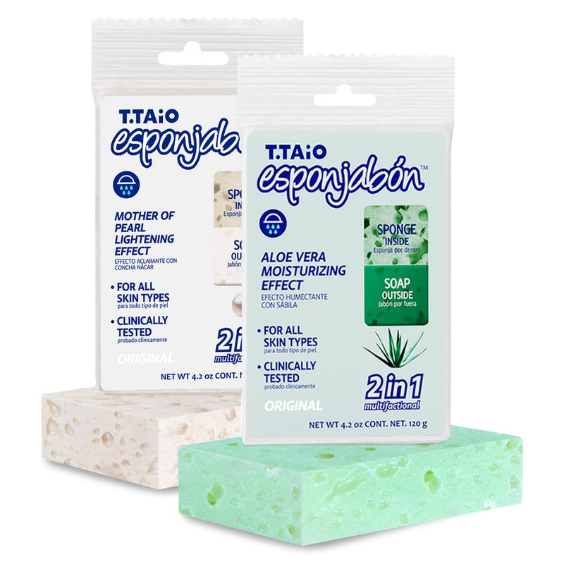 T. Taio T.Taio Esponjabon Soap Sponge 2-Pack- Cleansing Shower Scrubber & Bath Wash Scrub - Massage & Lather Foot, Elbow, & Face - Bathroom Accessories - Mother of Pearl & Aloe Vera (2-Pack) - Image 1