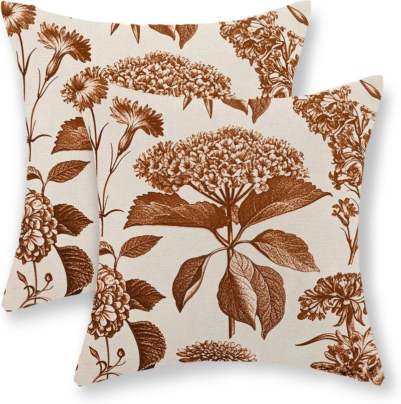 GOLIANDA Orange Pillow Covers 16x16 Set of 2 Vintage Boho Floral Hydrangea Herbs Botanical Fall Throw Pillows Fall Outdoor Decoration Pillowcase Linen Farmhouse Cushion Case Decorative for Couch Sofa - Image 1