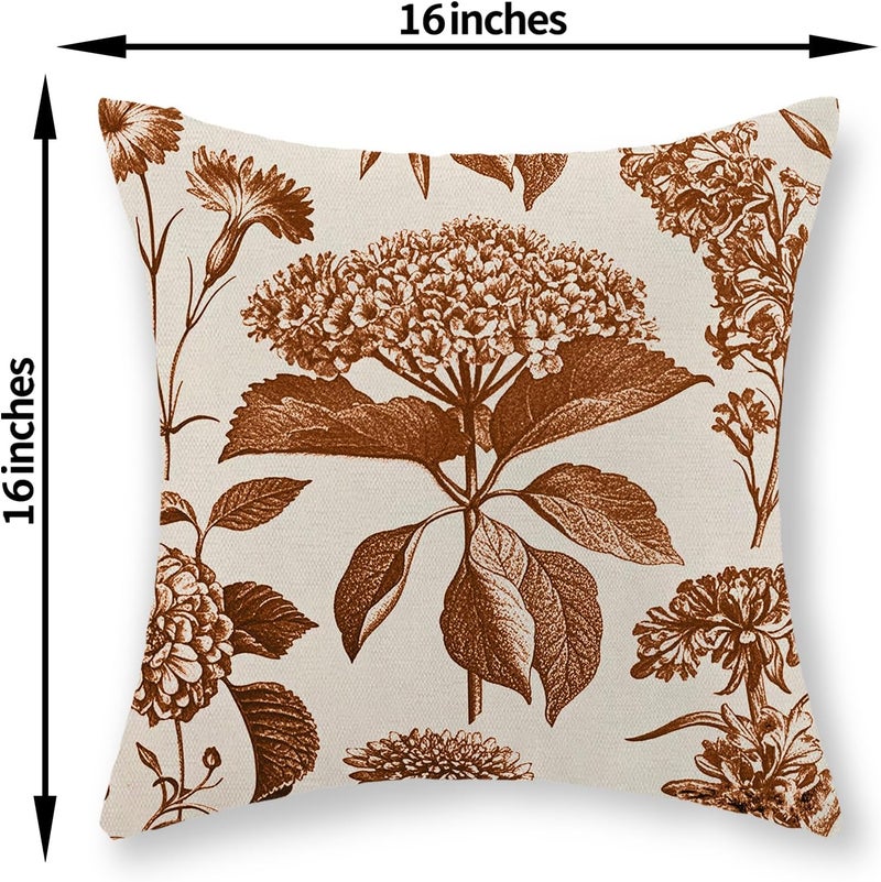GOLIANDA Orange Pillow Covers 16x16 Set of 2 Vintage Boho Floral Hydrangea Herbs Botanical Fall Throw Pillows Fall Outdoor Decoration Pillowcase Linen Farmhouse Cushion Case Decorative for Couch Sofa - Image 2