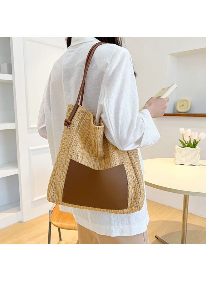 Women's Straw Tote Bag, Ladies Large Capacity Shoulder Bag Side Bag Carry Bag Beach Bag, Contrasting Color Design Handbag Clutch Bag Shopping Bag Tourist Bag Satchel Bag for Girls/College Students  - Image 2