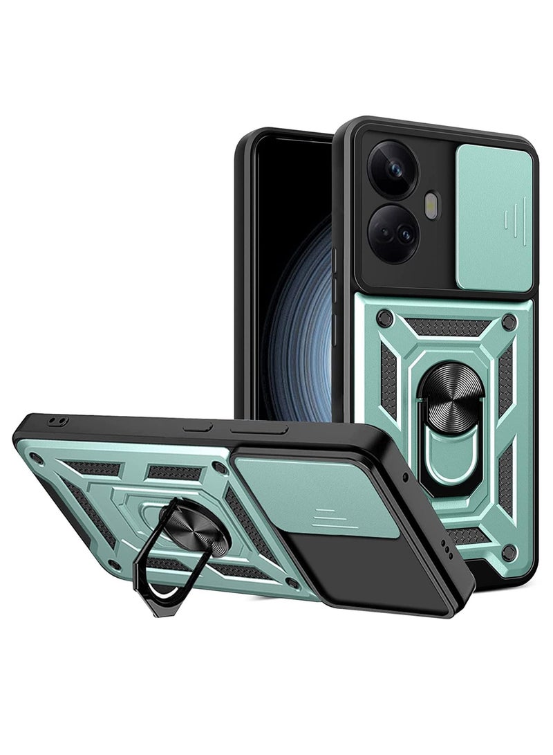 VKL حافظة متوافقة مع Realme 10 Pro Plus/10 Pro+ 5G مع غطاء كاميرا منزلق، غطاء واقٍ مقاوم للصدمات من الدرجة العسكرية مع مسند حلقي معدني قابل للدوران (أخضر)