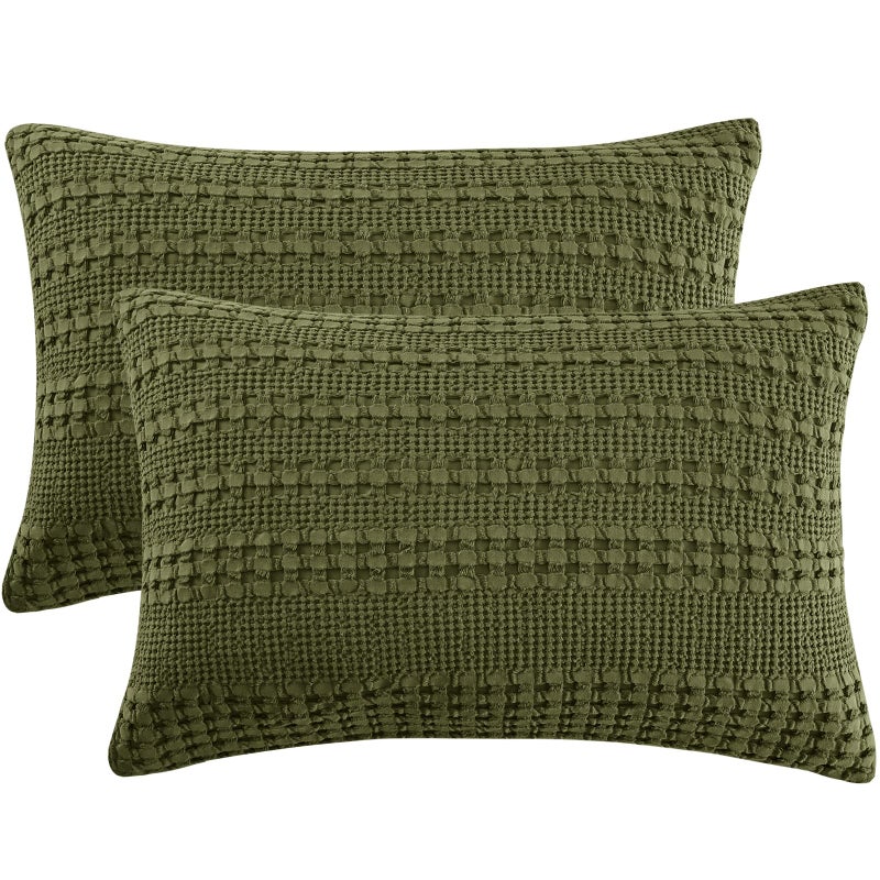 PHF أغطية وسائد ويفل من القطن 100% من PHF بحجم كوين 2 عبوة ناعمة وقابلة للتنفس وصديقة للبشرة غطاء وسادة مزخرف بتصميم ويفل 20"" × 30"" بدون حشوة زيتون كابوليت - Image 1