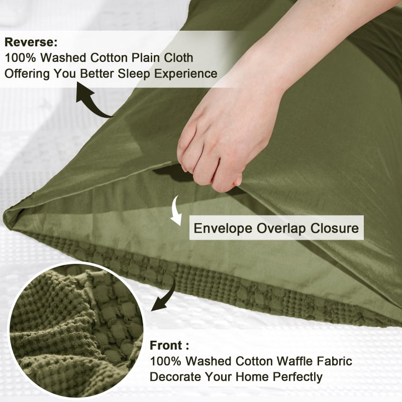 PHF أغطية وسائد ويفل من القطن 100% من PHF بحجم كوين 2 عبوة ناعمة وقابلة للتنفس وصديقة للبشرة غطاء وسادة مزخرف بتصميم ويفل 20"" × 30"" بدون حشوة زيتون كابوليت - Image 4