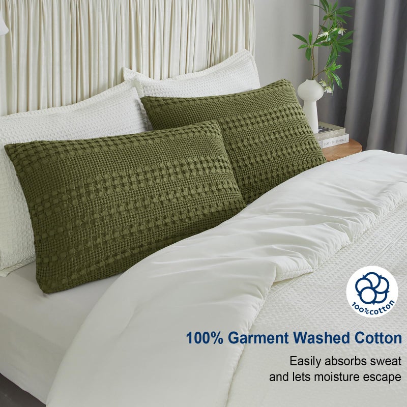 PHF أغطية وسائد ويفل من القطن 100% من PHF بحجم كوين 2 عبوة ناعمة وقابلة للتنفس وصديقة للبشرة غطاء وسادة مزخرف بتصميم ويفل 20"" × 30"" بدون حشوة زيتون كابوليت - Image 3