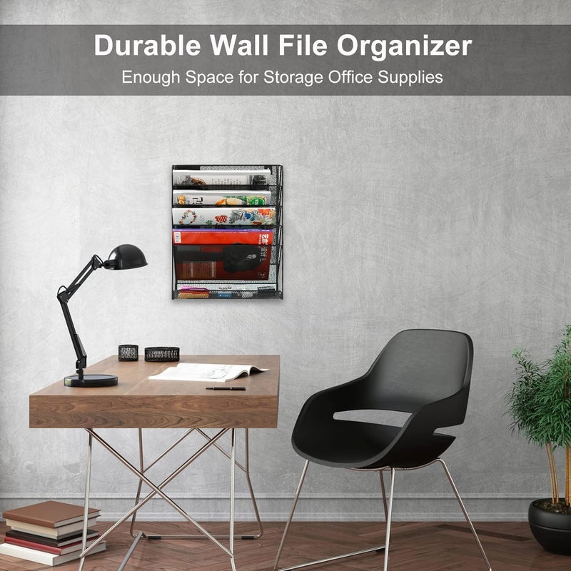 Touchcart 5-Tier Mesh Wall Mounted File Organizer – Black Metal Hanging Paper and Magazine Holder Rack for Home, Office, Stationery, and Document Sorting - Image 2