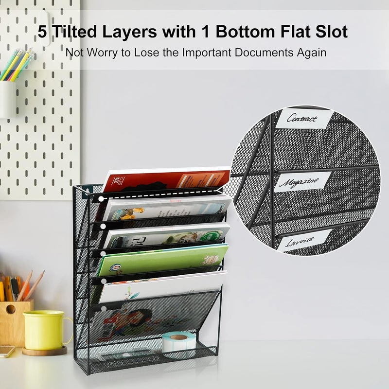 Touchcart 5-Tier Mesh Wall Mounted File Organizer – Black Metal Hanging Paper and Magazine Holder Rack for Home, Office, Stationery, and Document Sorting - Image 5