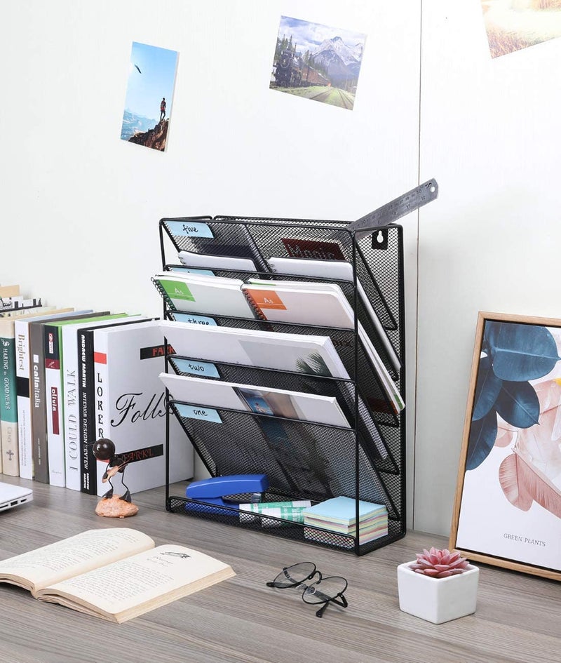 Touchcart 5-Tier Mesh Wall Mounted File Organizer – Black Metal Hanging Paper and Magazine Holder Rack for Home, Office, Stationery, and Document Sorting - Image 4