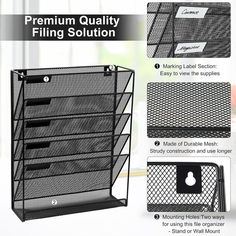 Touchcart 5-Tier Mesh Wall Mounted File Organizer – Black Metal Hanging Paper and Magazine Holder Rack for Home, Office, Stationery, and Document Sorting - Image 3