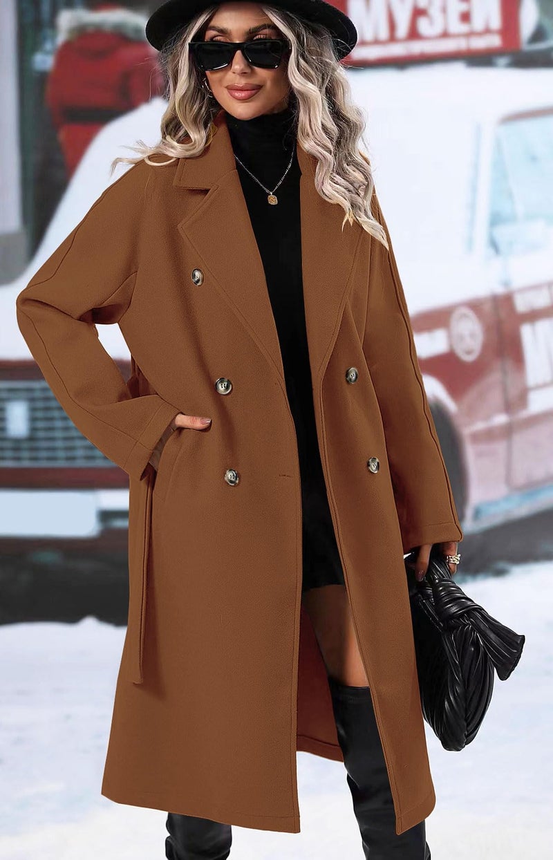 SAUKOLE Womenâ€™s Classy Wool Coat Casual Fall Dressy Overcoat Work Jacket Outwear with Pockets and Belt Brown - Image 4