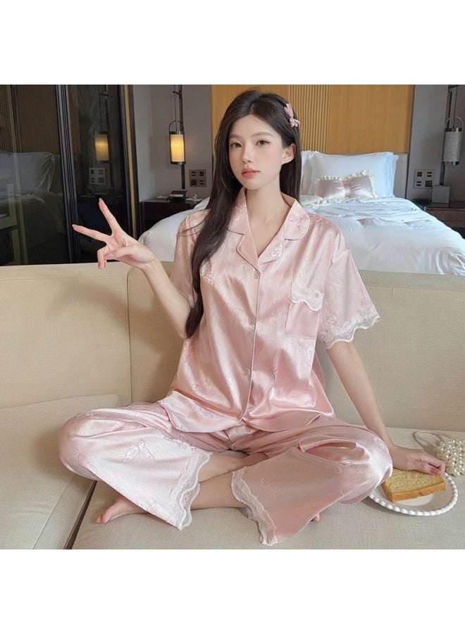Cute Sweet Internet Celebrant Bear Printed Ice Silk Short-sleeved Pajamas Women's Summer Casual Home Clothes Suit Hair