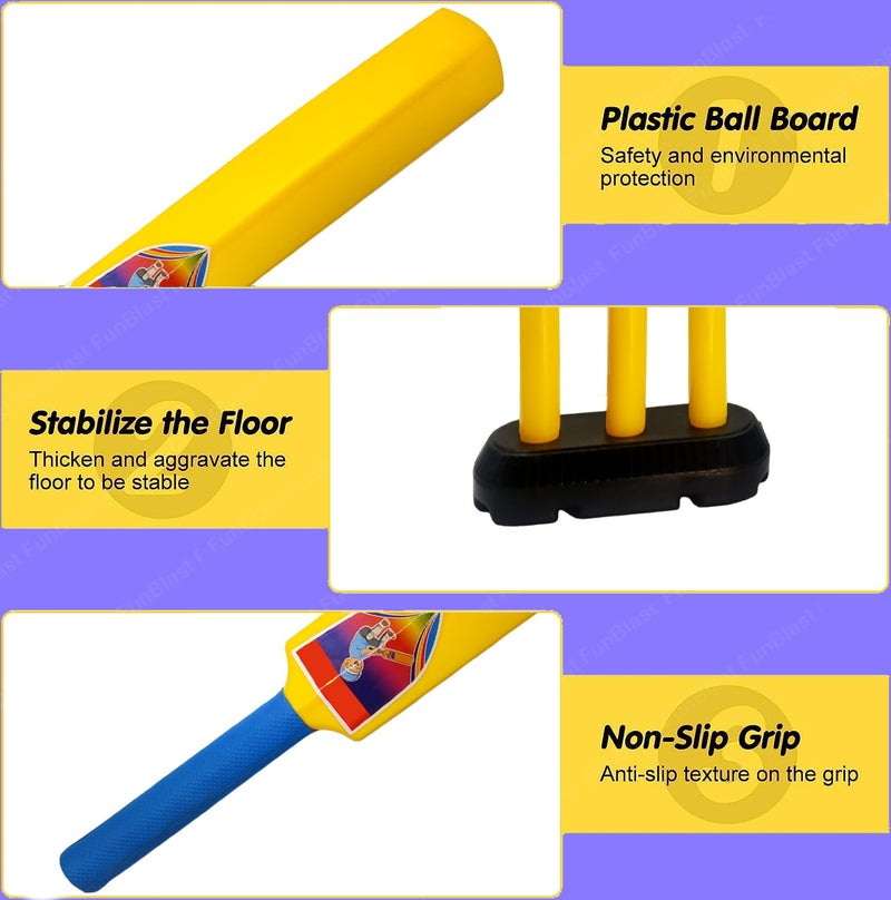 FunBlast طقم كريكيت مع مضرب، أعمدة وكرة، ألعاب رياضية للأطفال من 3 سنوات فما فوق - أفضل هدايا عيد الميلاد للأطفال - متعدد الألوان - Image 3