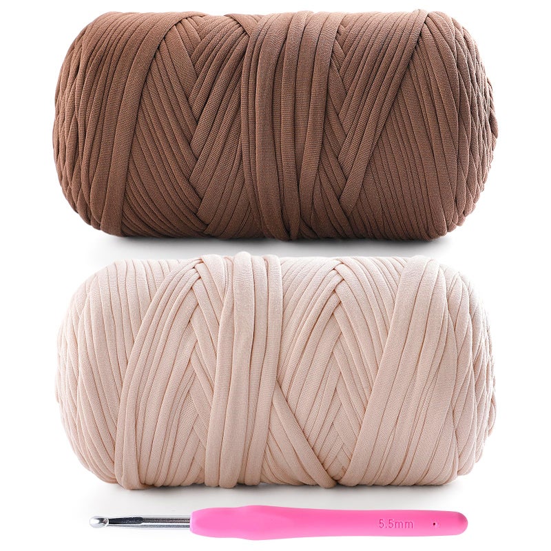 Lpalats 2 Pack Tshirt Yarn for Crochet - 800 G/260 Yds T Shirt Soft Elastic Fabric T-Shirt Yarn for Crocheting Bags Baskets Home Decor with 1 Crochet Hook (2, Beige+Coffee) - Image 1