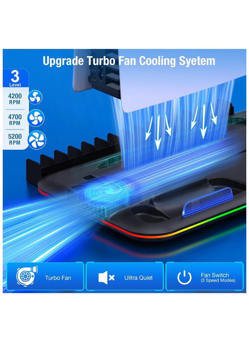 XiuWoo PS5 Stand with Cooling Station and Controller Charging Station for PS5 Console Disc Digital PlayStation Accessories with Cooling Fan RGB Light Headset Holder 15 Game Slot  - Image 2