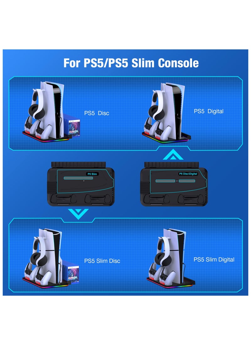 XiuWoo PS5 Stand with Cooling Station and Controller Charging Station for PS5 Console Disc Digital PlayStation Accessories with Cooling Fan RGB Light Headset Holder 15 Game Slot  - Image 3