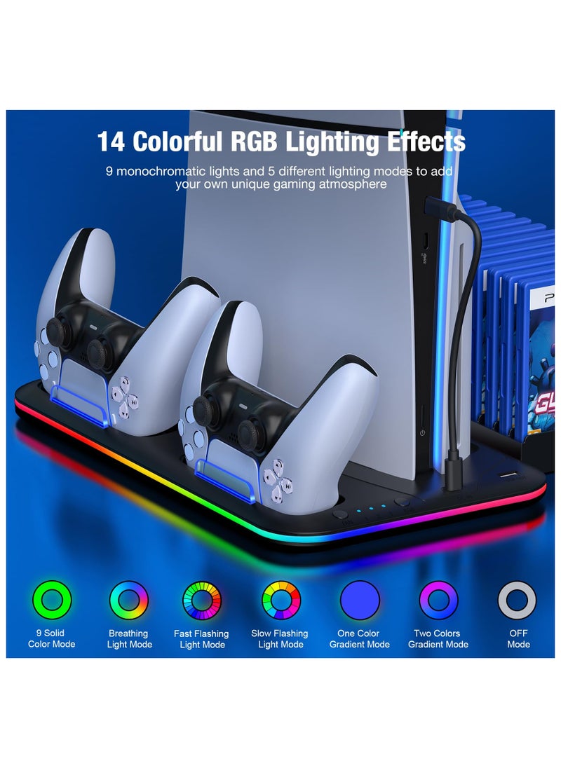 XiuWoo PS5 Stand with Cooling Station and Controller Charging Station for PS5 Console Disc Digital PlayStation Accessories with Cooling Fan RGB Light Headset Holder 15 Game Slot  - Image 4