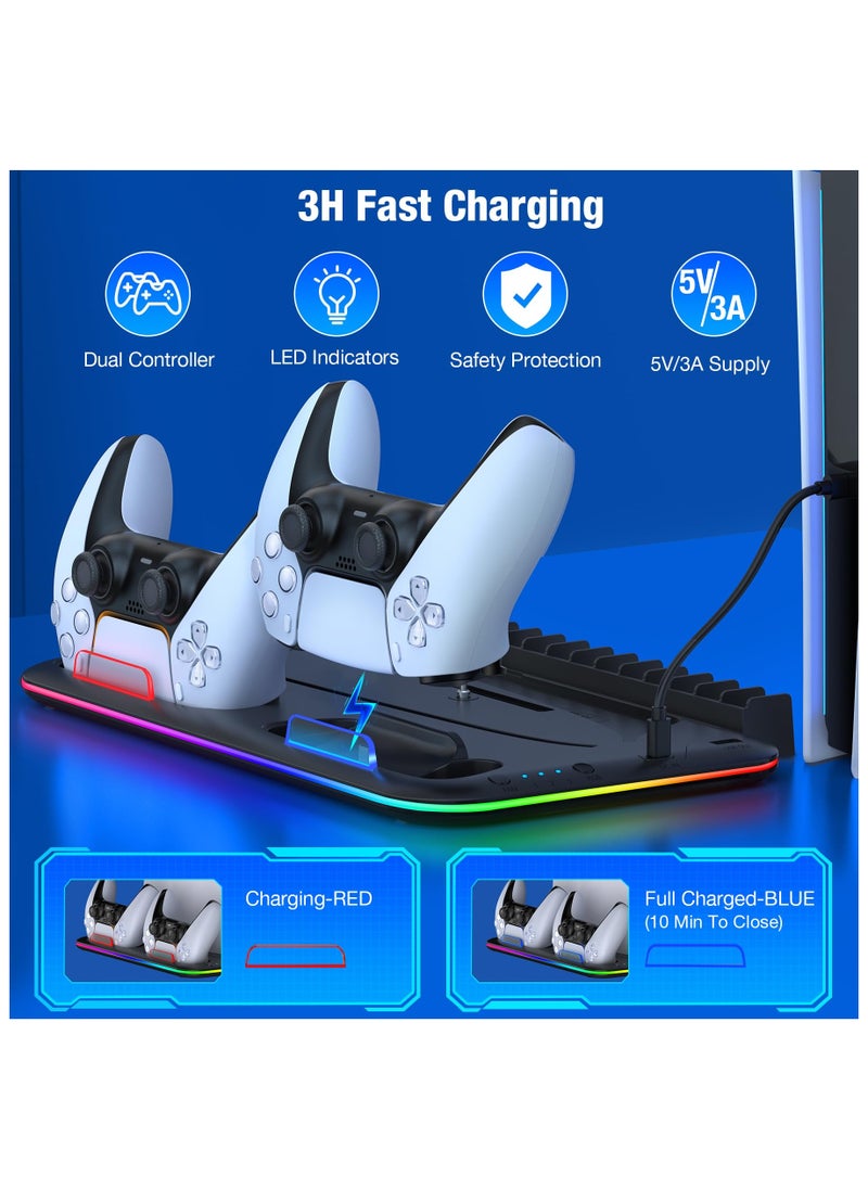 XiuWoo PS5 Stand with Cooling Station and Controller Charging Station for PS5 Console Disc Digital PlayStation Accessories with Cooling Fan RGB Light Headset Holder 15 Game Slot  - Image 5