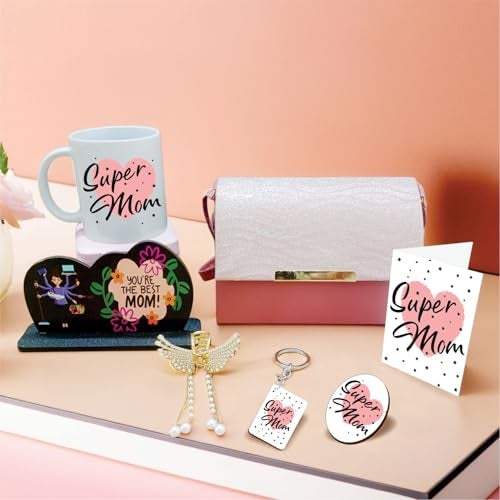 PICRAZEE Mother’s Day Gift for Mom | Birthday Gift for Mother Combo – Ceramic Mug, Ladies Purse, Golden Hair Clutcher, Table Standy, Fridge Magnet, Keyring & Greeting Card (D5) - Image 1