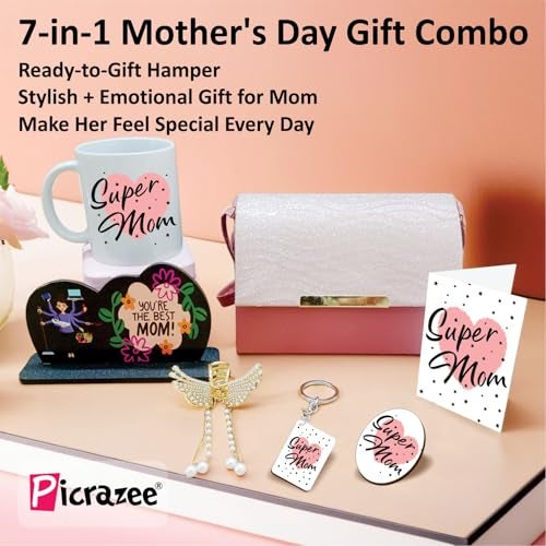 PICRAZEE Mother’s Day Gift for Mom | Birthday Gift for Mother Combo – Ceramic Mug, Ladies Purse, Golden Hair Clutcher, Table Standy, Fridge Magnet, Keyring & Greeting Card (D5) - Image 2