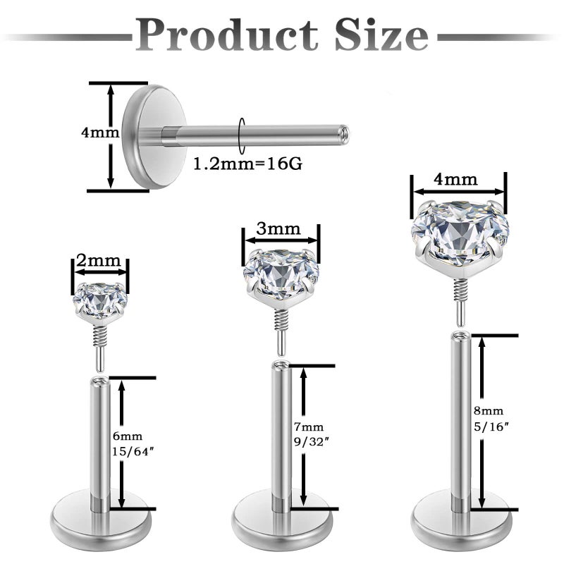 Gotumo 16G Flat Back Earrings Stud Nose Ring Titanium Internal Thread Tragus Labret Cartilage Lip Medusa Conch Body Piercing Jewelry Nose Stud Hypoallergenic for Women Men(Silver S) - Image 2