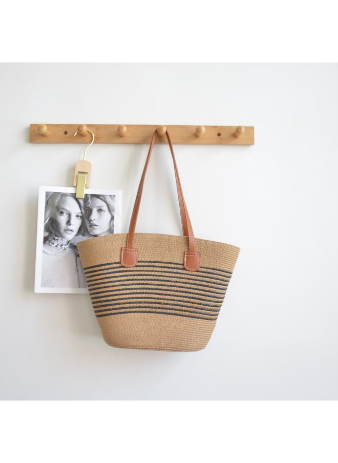 Loquat Summer Hand-woven Underarm Bag Large Capacity Striped Women's Bag Vegetable Basket Style Beach Bag-Color:Beige Stripes-Size:44*11*30  - Image 4