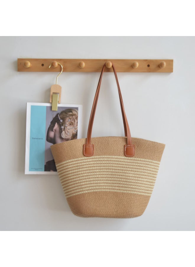 Loquat Summer Hand-woven Underarm Bag Large Capacity Striped Women's Bag Vegetable Basket Style Beach Bag-Color:Beige Stripes-Size:44*11*30  - Image 1