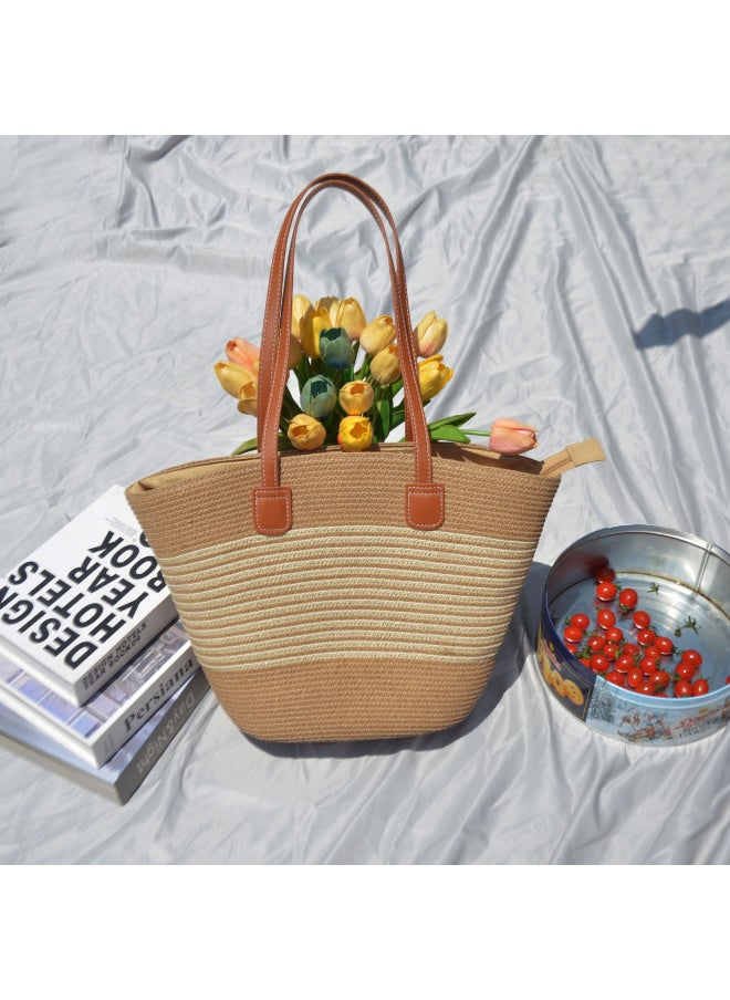 Loquat Summer Hand-woven Underarm Bag Large Capacity Striped Women's Bag Vegetable Basket Style Beach Bag-Color:Beige Stripes-Size:44*11*30  - Image 3