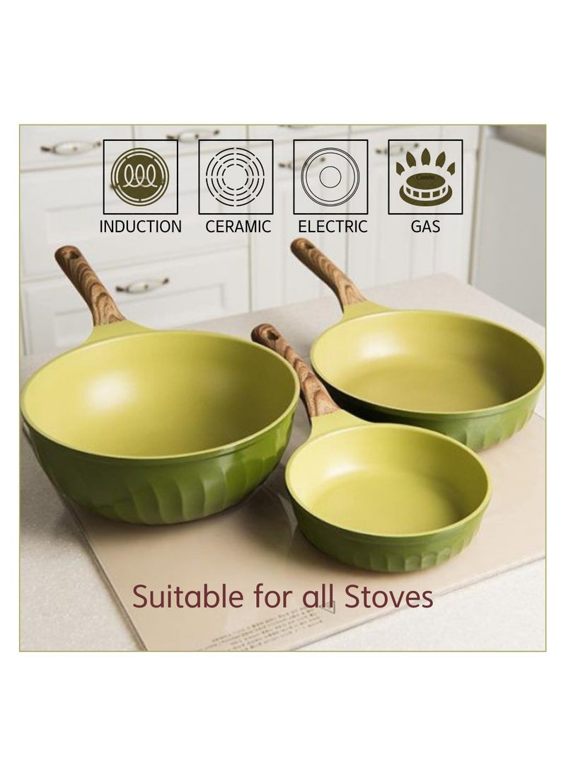 Four Seasons FOUR SEASONS Olive Green Wood Wok Pan 26cm, Suitable for induction & all stoves, Ultra Non-stick with added Durability, 100% Safe PFOA Free, Super Megastone Coating, Made in Korea  - Image 4