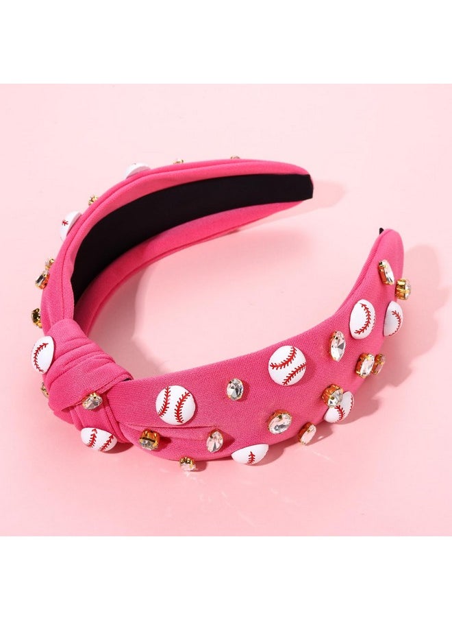Boderier Baseball Headband Hair Accessories Crystal Baseball Embellished Wide Knotted Headband For Women Game Day Accessories (Hot Pink)  - Image 2