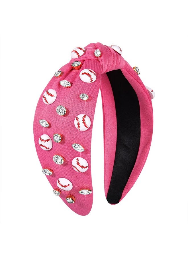 Boderier Baseball Headband Hair Accessories Crystal Baseball Embellished Wide Knotted Headband For Women Game Day Accessories (Hot Pink)  - Image 1