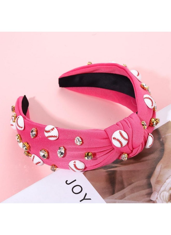 Boderier Baseball Headband Hair Accessories Crystal Baseball Embellished Wide Knotted Headband For Women Game Day Accessories (Hot Pink)  - Image 3