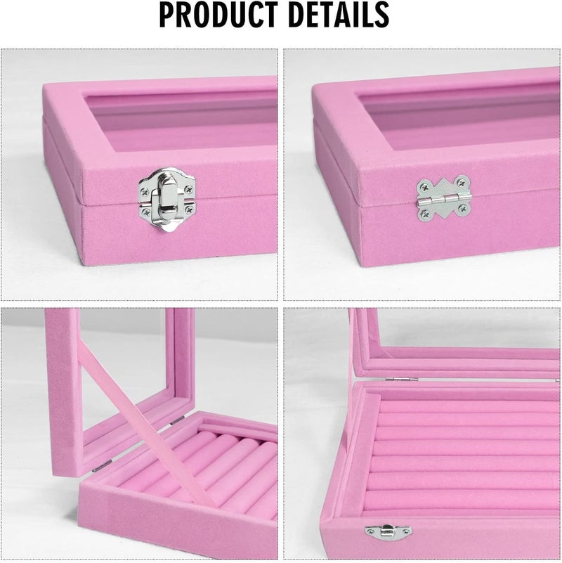 Vicoter Rings Organizer Tray 7 Slots Velvet Jewelry Earring Storage Box with Transparent lid Jewelry Display Case for Girls Wife Mom Women (Pink) - Image 4