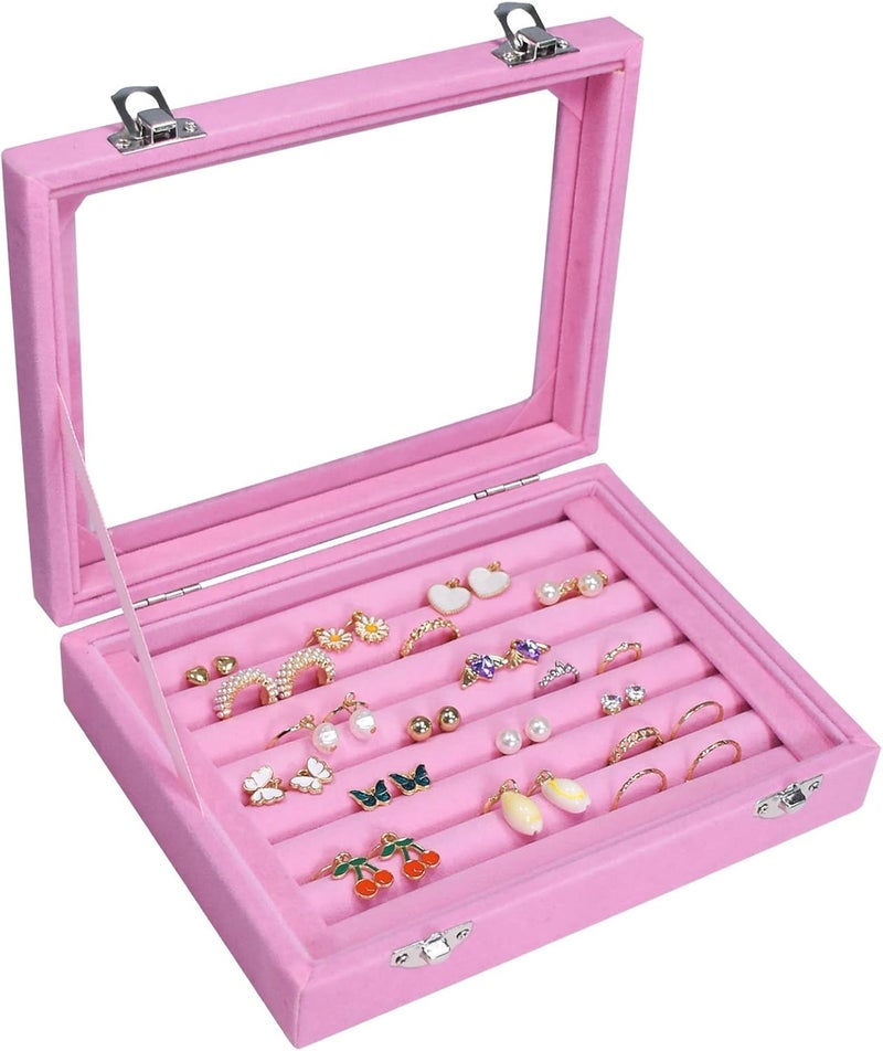 Vicoter Rings Organizer Tray 7 Slots Velvet Jewelry Earring Storage Box with Transparent lid Jewelry Display Case for Girls Wife Mom Women (Pink) - Image 1