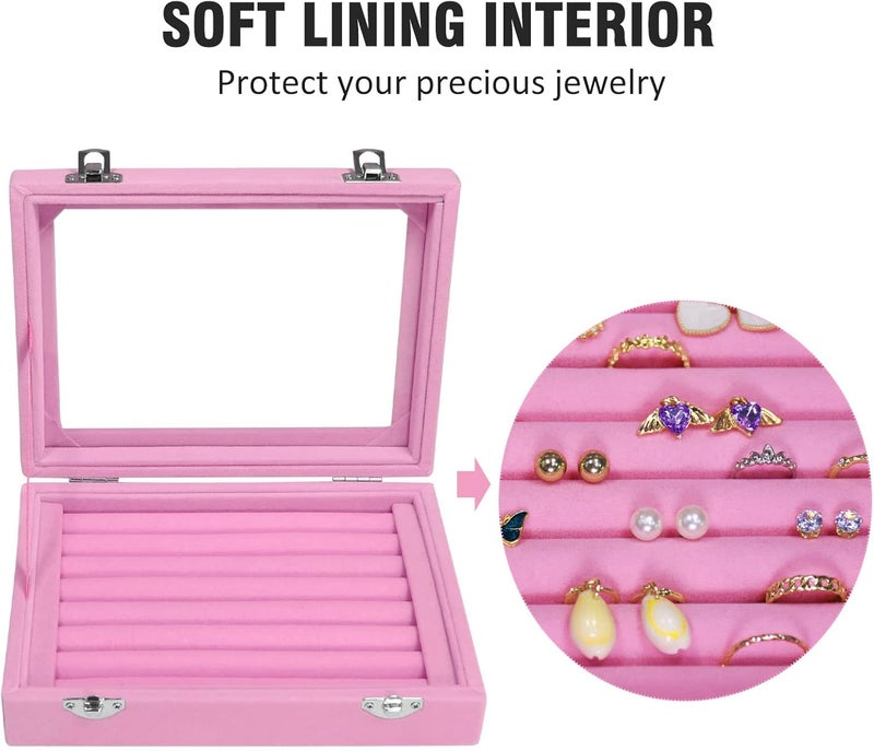 Vicoter Rings Organizer Tray 7 Slots Velvet Jewelry Earring Storage Box with Transparent lid Jewelry Display Case for Girls Wife Mom Women (Pink) - Image 3