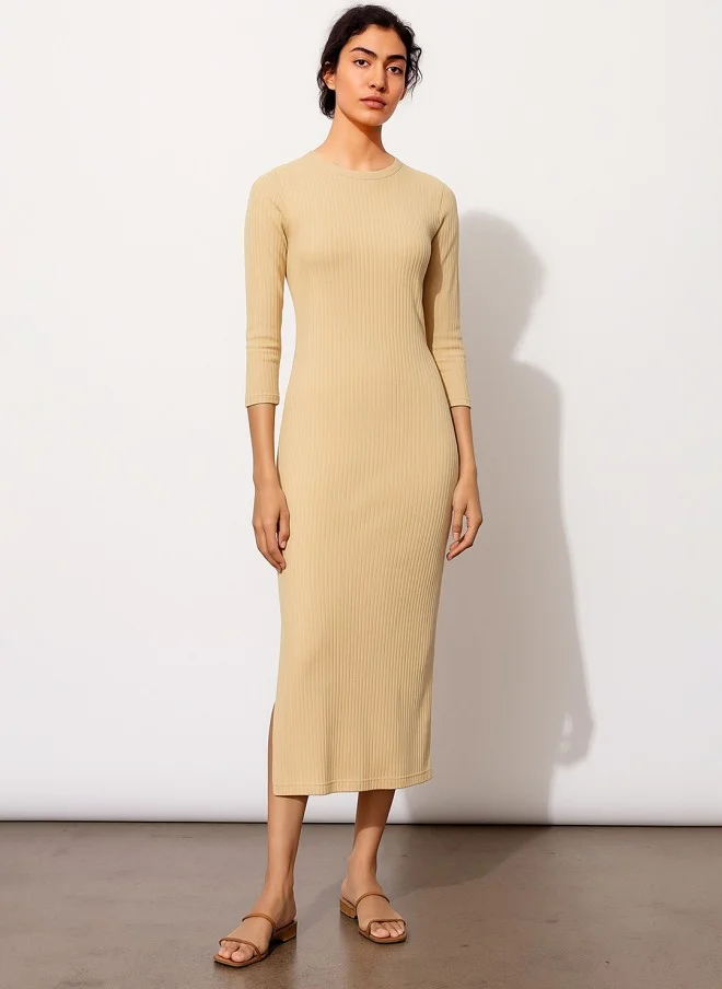 SASSAFRAS Beige Bodycon Midi Dress for Women