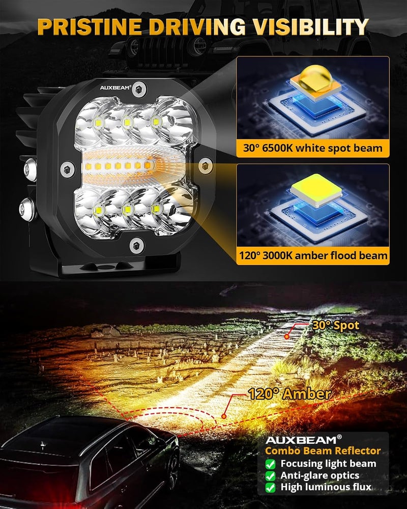 أوكسبيم مصابيح LED بودات مقاس 3 بوصة بقدرة 96 واط من Auxbeam، لون كهرماني وأبيض، 6 أوضاع، مصابيح ضباب مزدوجة اللون مكعبة، سلسلة X-PRO، ضوء موضعي/غمر/وميض للطوارئ والقيادة على الطرق الوعرة، ��وج - Image 3