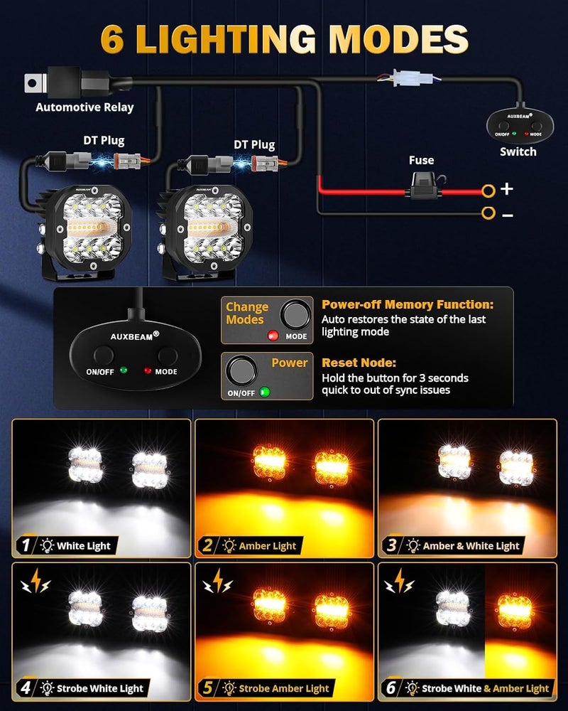 أوكسبيم مصابيح LED بودات مقاس 3 بوصة بقدرة 96 واط من Auxbeam، لون كهرماني وأبيض، 6 أوضاع، مصابيح ضباب مزدوجة اللون مكعبة، سلسلة X-PRO، ضوء موضعي/غمر/وميض للطوارئ والقيادة على الطرق الوعرة، ��وج - Image 2