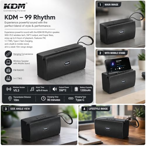 KDM-99 Rhythm Wireless Speaker with Mobile Stand, V5.3, 5W*2 Output, Super Bass, FM Radio, Type-C Charging, Black - Image 4