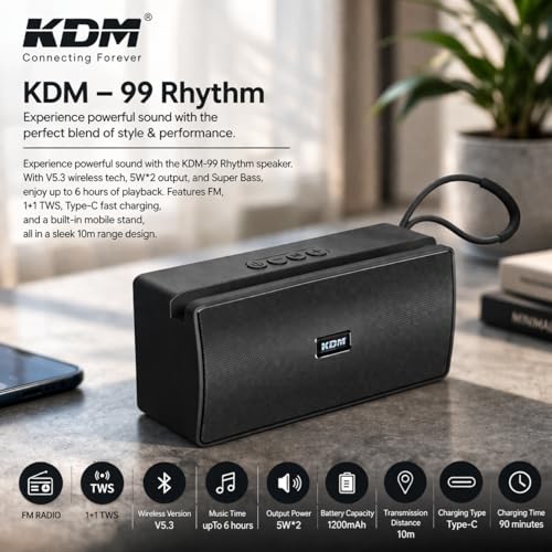 KDM-99 Rhythm Wireless Speaker with Mobile Stand, V5.3, 5W*2 Output, Super Bass, FM Radio, Type-C Charging, Black - Image 5