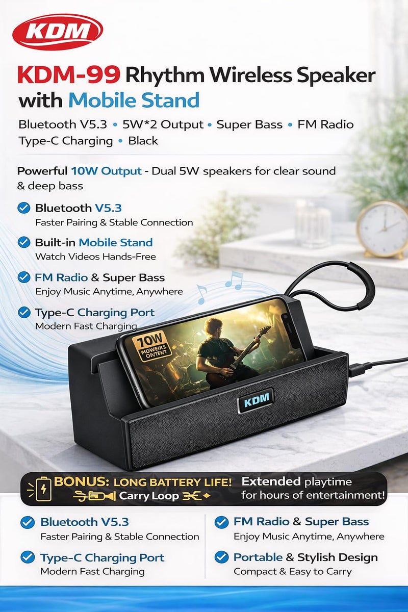KDM-99 Rhythm Wireless Speaker with Mobile Stand, V5.3, 5W*2 Output, Super Bass, FM Radio, Type-C Charging, Black - Image 3